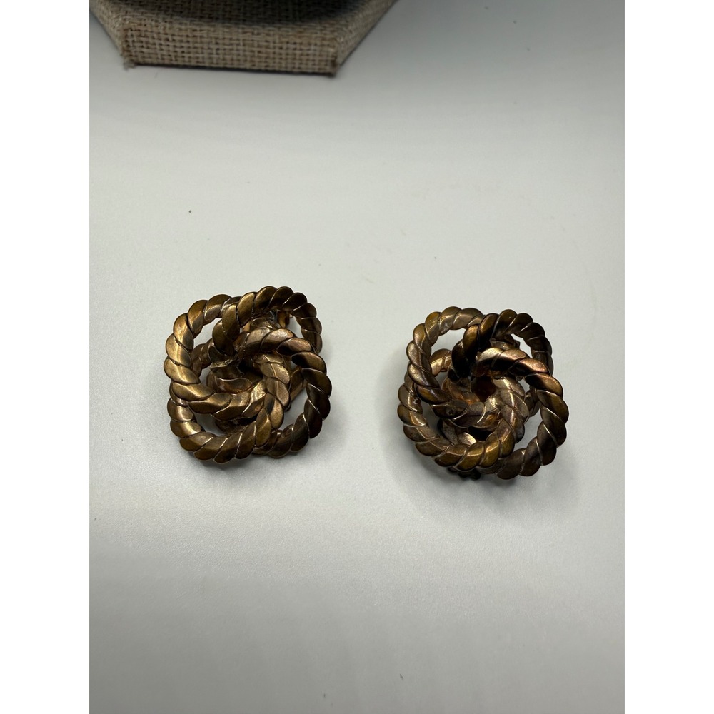 Vintage Gold Tone Interlaced Rope Twist Knot Clip On Earrings Statement Jewelry